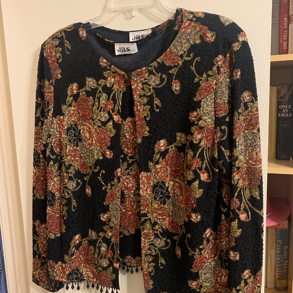 J.B.S. Black Floral Blouse with Red and Gold Accents